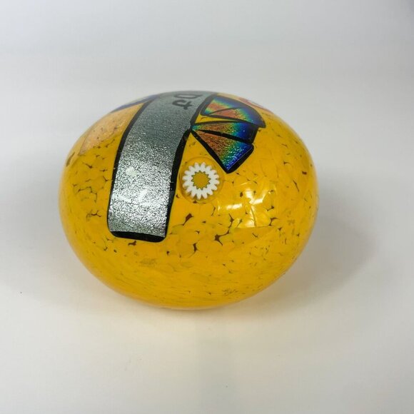 Handcrafted Yellow Glass Paperweight By Mad Art Studios With DJ Design & Colorfu - Picture 3 of 7